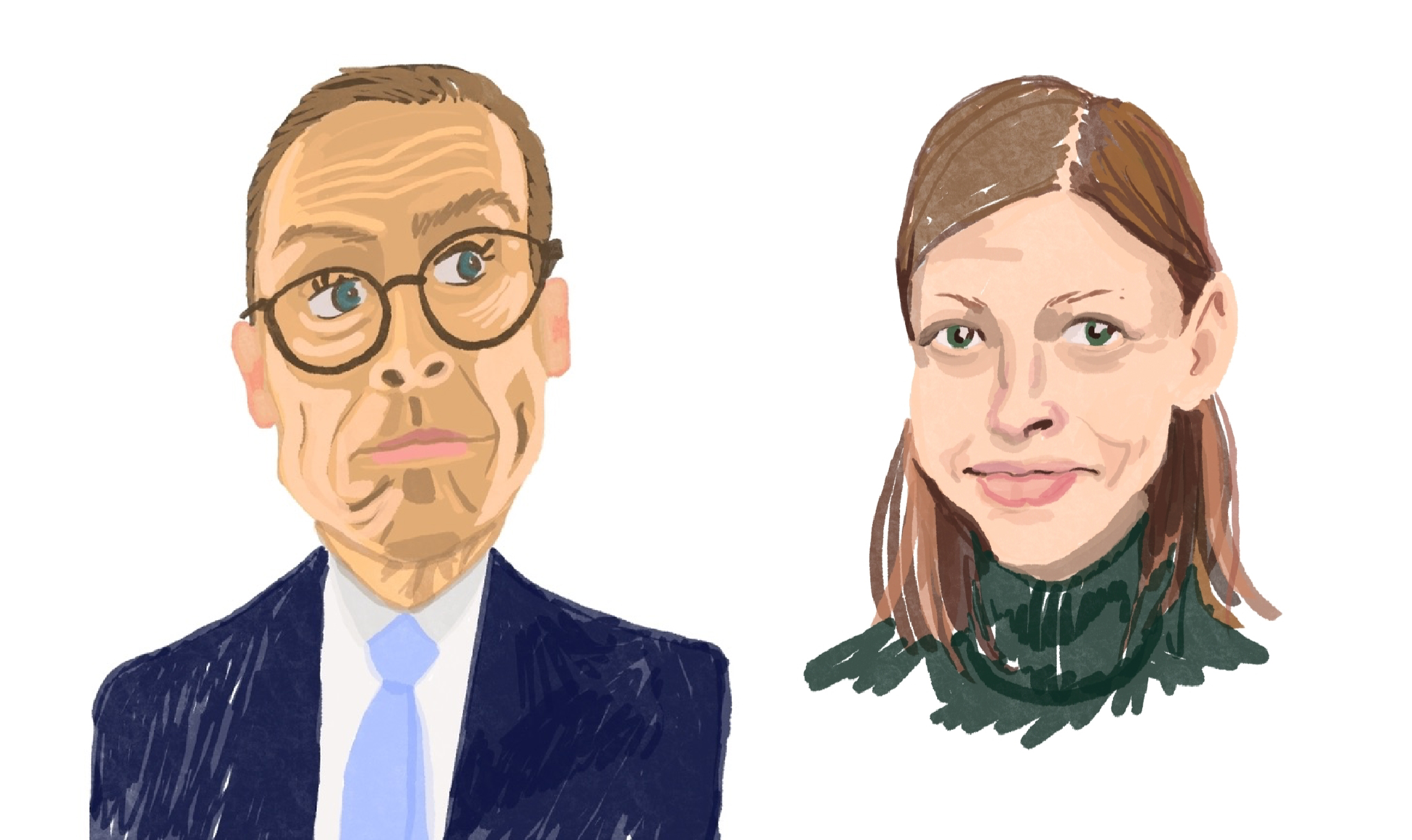 Alexander Stubb ja Li Andersson kuvitettuna